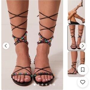 Free People NWOB Vicenza Multicolor Studded Black Wrap Sandals size 7
